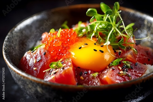 Tuna sashimi with egg yolk, roe, microgreens, sesame seeds, dark background.