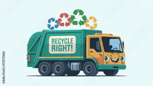 Cartoon recycle truck vector art for waste management and environmental sustainability initiatives design