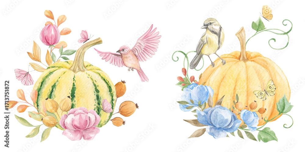 Obraz premium Watercolor pumpkin with flowers. Autumn decor. Cozy autumn. Thanksgiving, Halloween, holidays. October, November. Texture. Flowers and birds.