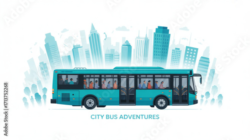 City bus transportation public transit with passengers urban skyline vector illustration design concept