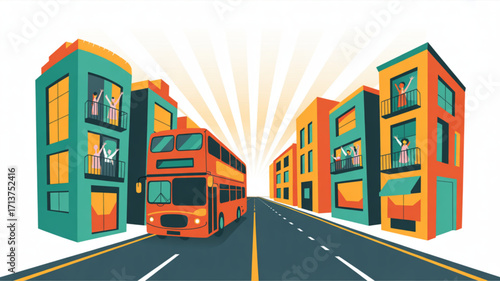 Illustration of double decker bus driving through city street with buildings and people waving from balconies