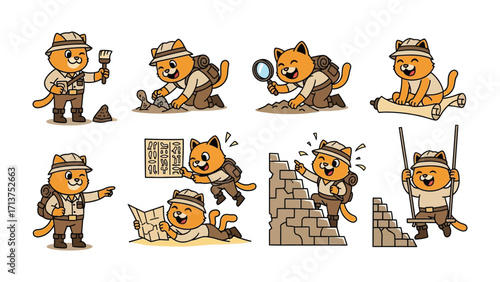 Adventurous Kitten Set: A delightful collection of playful kitten adventurers engaged in exploration and discovery, rendered in a charming, cartoonish style.