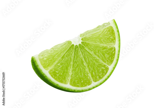 A single, pristine, vibrant green, freshly cut lime slice showing juicy pulp and thin rind, with moisture glisten, isolated on a seamless transparent background. Concept for food and beverage