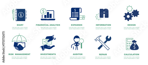 Business infographics icons. Legal services, SEO, sign. Set of investment icons. Economy, money fund, dollar, investor, assets, risk management, financial profit, blue design. Vector illustration
