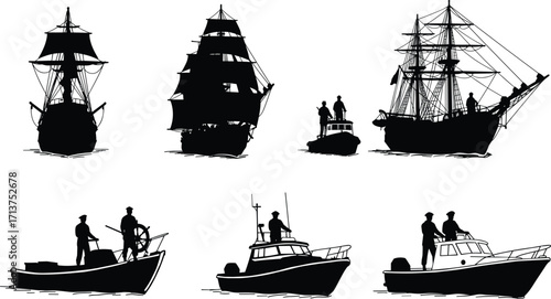 Silhouette sailing ships, vintage boats, modern yachts, fishing vessels, naval crew, maritime transport, nautical travel, ocean journey, marine exploration illustration