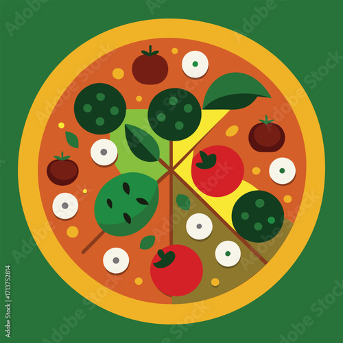 Flattened pizza with various toppings