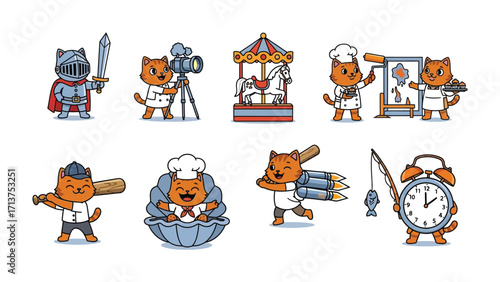 Whimsical Cat Characters Collection: An array of delightful cartoon cats, each dressed in charming costumes, engage in various activities.