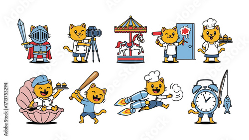 Cartoon Character Collection: A playful ensemble of cartoon cat characters, each embodying a different profession, displayed in a visually appealing illustration style.