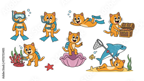 Underwater Cats: A collection of cute cats immersed in a cartoonish underwater world, engaging in playful diving adventures, treasure hunts, and interacting with aquatic life.