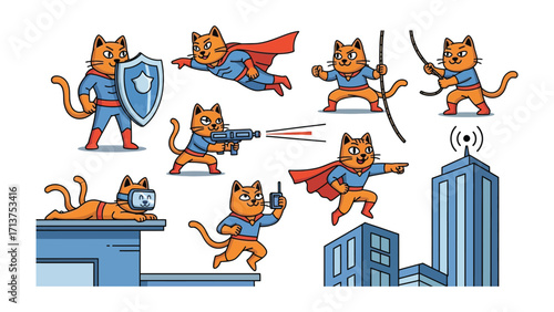 Heroic Cat Poses: An action-packed collection of cartoon cats embodies heroism, navigating urban landscapes with shields, capes, and laser guns. 