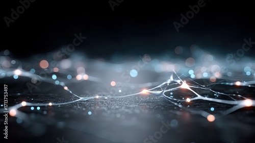 Conceptual Illustration of Neurons Connecting Over a Dark Blue Surface with Intermittent Blue and Orange Lights