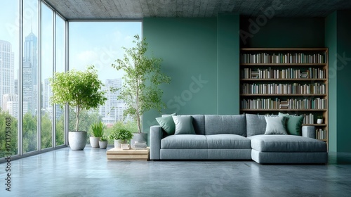 Contemporary Living Room with Green Wall and City View Gray Sofa And Concrete Floor Minimalist Indoor Scene Wide Window Bookshelf