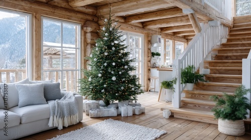 Cozy Christmas Tree with Glowing Lights in Wooden Cabin Interior with White Sofa and Staircase Beside Large Windows on Winter Landscape View