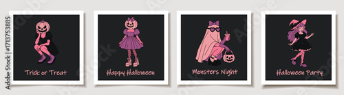 Set of Four Halloween Fashion Characters on Cards