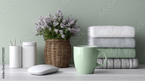 Cozy Home Workspace with Blank Screen Device Heather and Pastel Towels against a Soft Green Wall