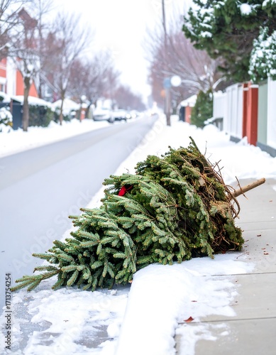 Discarded Christmas tree on snowy street
