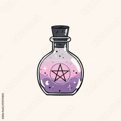 Magical potion bottle with pastel colors pentagram stars and sparkles whimsical witchcraft illustration
