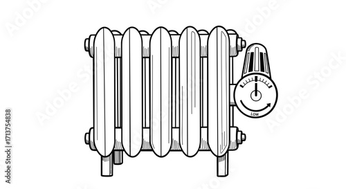 Radiator with thermostat in black and white sketch style