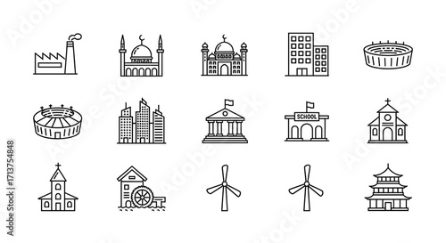 Collection of various building and structure icons, including churches, factories, and wind turbines.