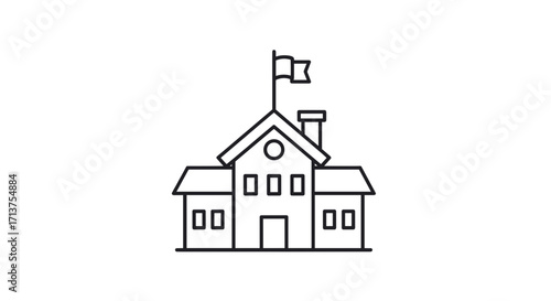 A simple black line art icon of a traditional school building with a flag on its roof, isolated on a white background.