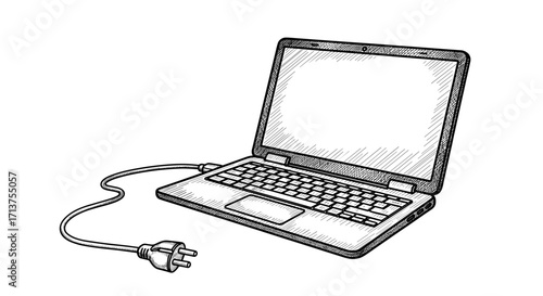 Laptop with power cord in black and white sketch style