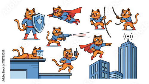 Heroic Cat Adventure: A collection of illustrations showcasing a heroic cat character in various action-packed poses, complete with superhero attributes, conquering the urban landscape with valor.