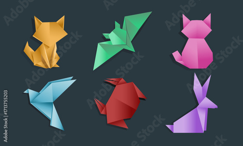 Origami Animal Icons Set Fox, Bat, Cat, Bird, Crab, Rabbit ,Geometric Paper Art