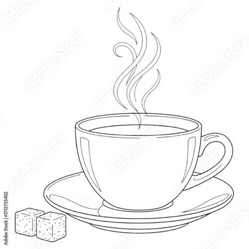 Line Art Drawing of a Steaming Cup of Coffee with Sugar Cubes saucer