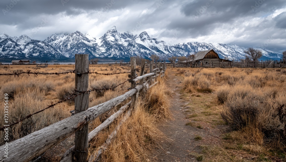 Fototapeta premium Rustic path through a field, past a weathered wooden fence, towards snowy mountains