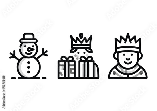 Festive Christmas and Winter Icons Featuring Snowman Gifts and Three Kings Depicting Celebration Season