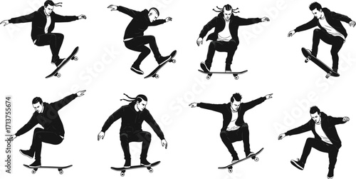 Skateboarder performing tricks, dynamic urban sport action, extreme skateboarding jumps, youth culture lifestyle illustration, freestyle movement, street skating sequence design vector