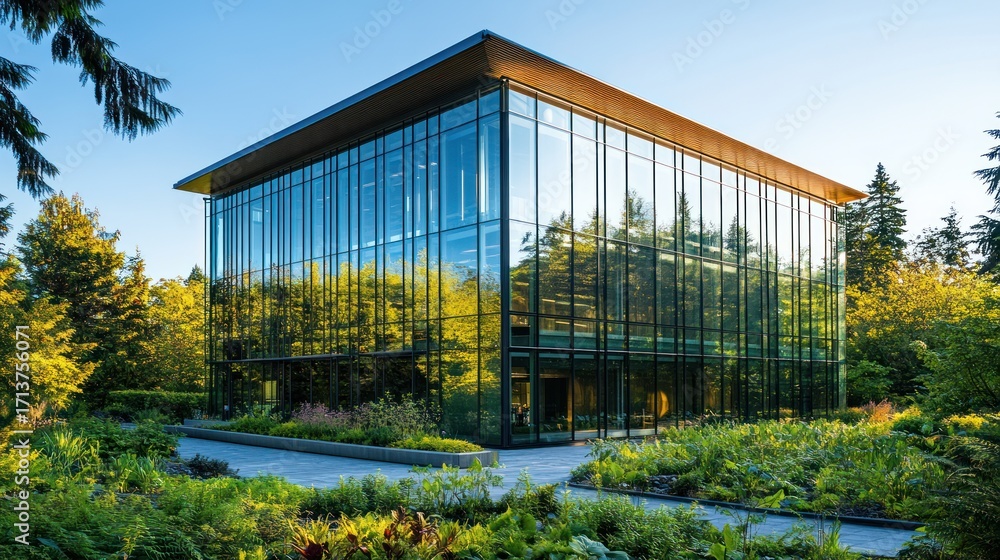 Obraz premium Modern glass building in a park setting. Use for architecture, nature, urban design