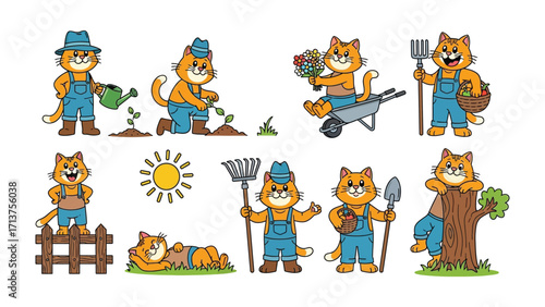 Cat's Garden Collection: A series of vibrant and charming cartoon illustrations depicts a cheerful ginger cat as it engages in various gardening activities.