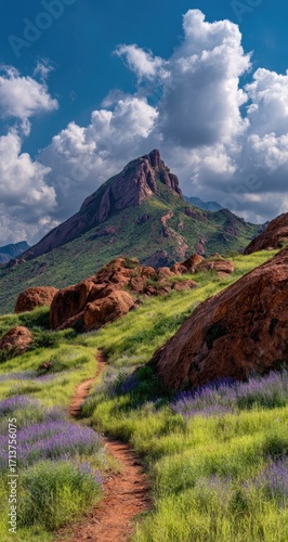 Hiking path winding through vibrant wildflowers and rocks at the base of a mountain under a bright sky
