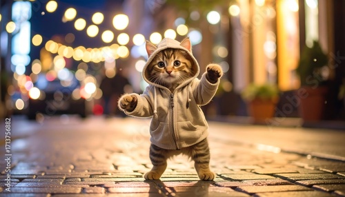 Fototapeta Naklejka Na Ścianę i Meble -  Cute cat wearing a hoodie on a city street at night