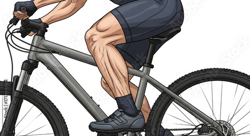 A muscular cyclist is riding a mountain bike, showcasing leg muscles and athletic activity.