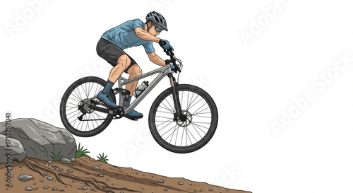 Mountain biker skillfully navigating rocky terrain, airborne over a small rise, showcasing dynamic action and control.