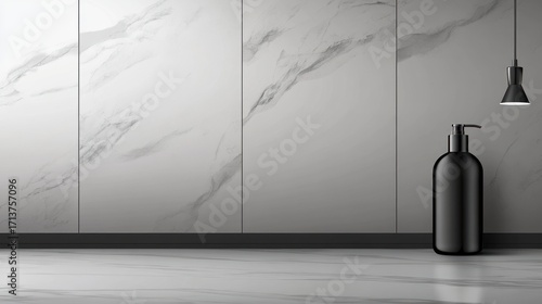 Minimalist Bathroom Interior with Marble Walls, Black Soap Dispenser, and Pendant Light