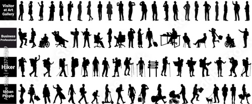 silhouettes of architecture drawing people. Architectural drawing of visitor at art gallery, business professional, hikers and urban life in row section elevation view. characters in architectural