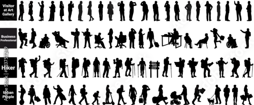 Obraz silhouettes of architecture drawing people. Architectural drawing of visitor at art gallery, business professional, hikers and urban life in row section elevation view. characters in architectural