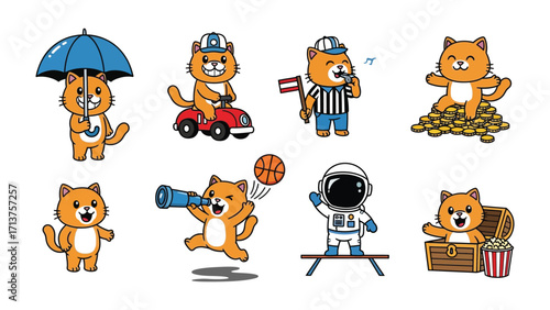Cute Cat Cartoons Collection: A delightful assortment of animated cat characters engages in various playful activities, embodying cheerfulness, amusement, and lightheartedness. 