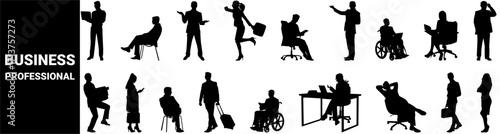 business people silhouette concept. Business people in meeting, going office, sitting on chair, rushing to office, working on laptop, holding file and travelling. 