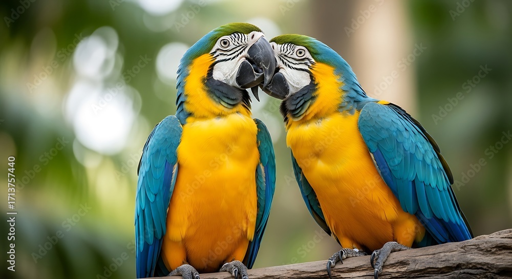 Obraz premium Two blue and yellow macaws kissing on a branch