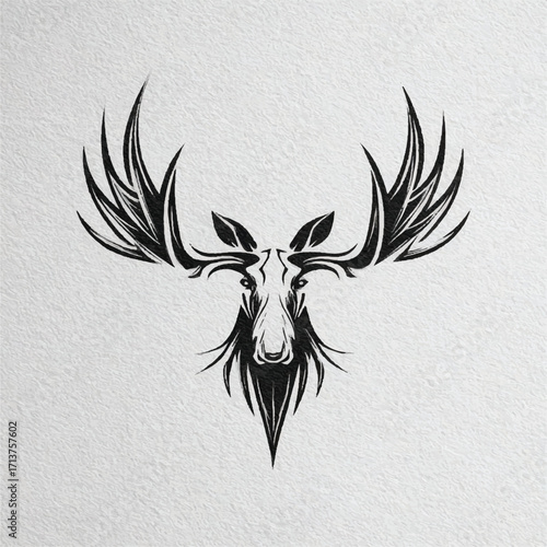 Majestic moose head silhouette with intricate antler design for logo or tattoo isolated on white textured background