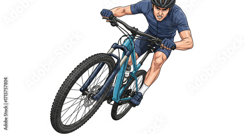 A dynamic illustration of a mountain biker in mid-air, showcasing athleticism and speed.