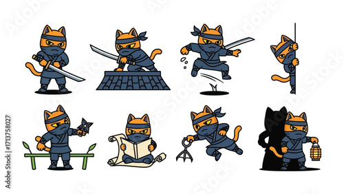 Ninja Cat Collection: Dynamic illustration set showcasing a fierce ninja cat in various action poses. Armed with katana, shuriken, and stealth, the cat embodies the spirit of a skilled martial artist.