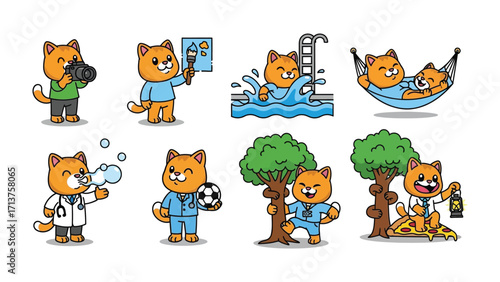 Adorable Cat Adventures: A collection of charming cat illustrations engaged in various activities, showcasing their playful nature and adventurous spirit in a delightful array of settings.