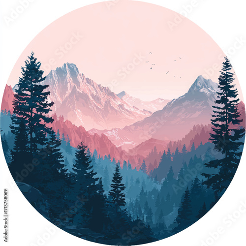 Majestic mountain landscape with forest trees pink sky and flying birds scenic panorama art illustration