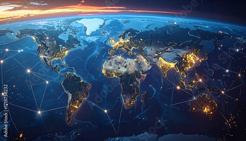 Global network map at sunrise