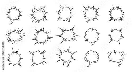 Collection of hand drawn explosion and speech bubble designs with abstract shapes and blank spaces for text.